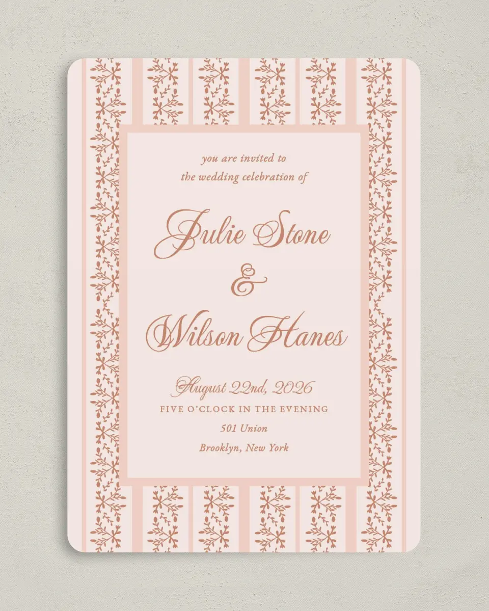 This is a 5" x 7" Rounded Wedding Invitation called Patterned Love printed in full color on Premium Smooth paper