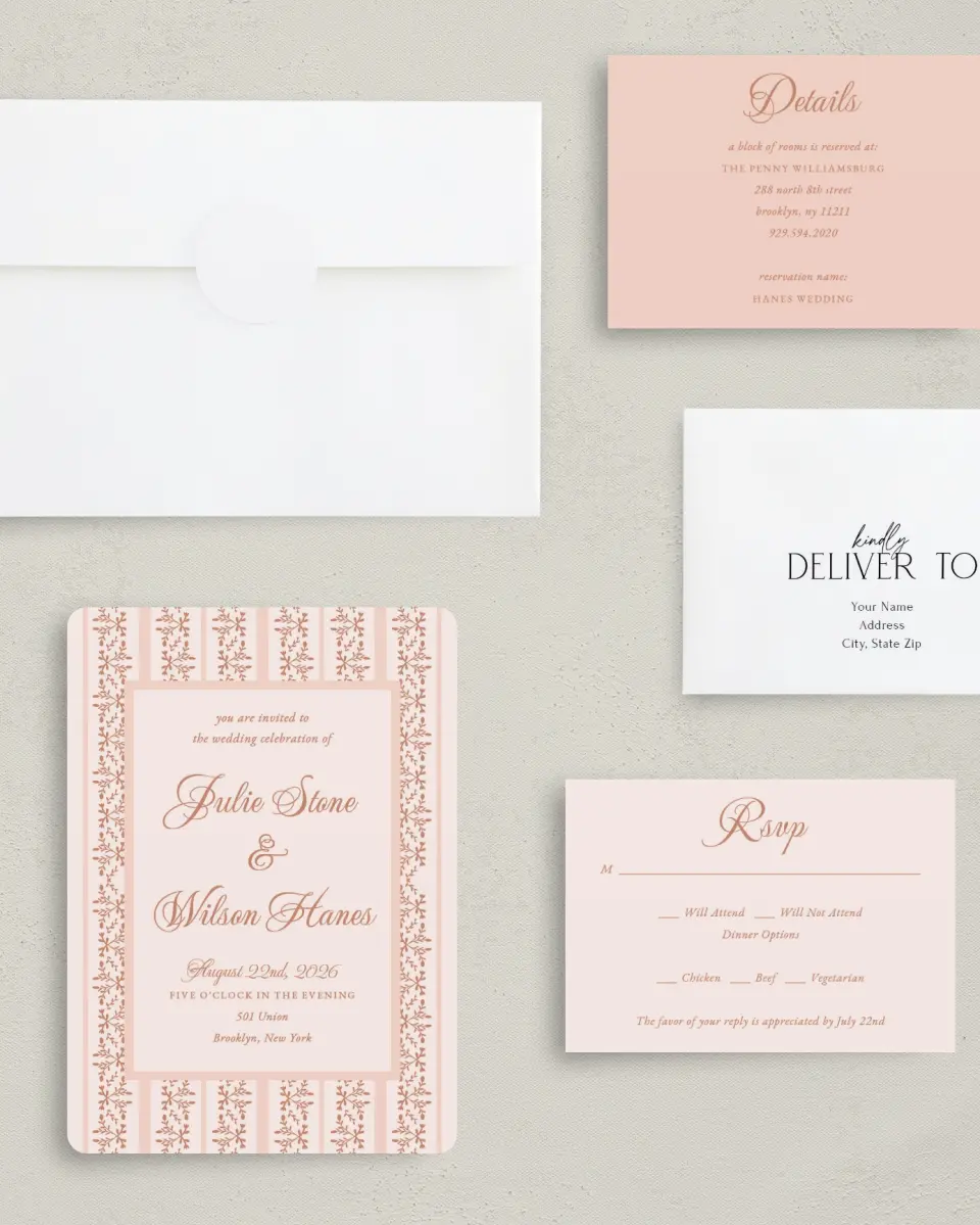 This is a 5" x 7" Rounded Wedding Invitation called Patterned Love printed in full color with Silver foil on Luxe Satin (coated) paper