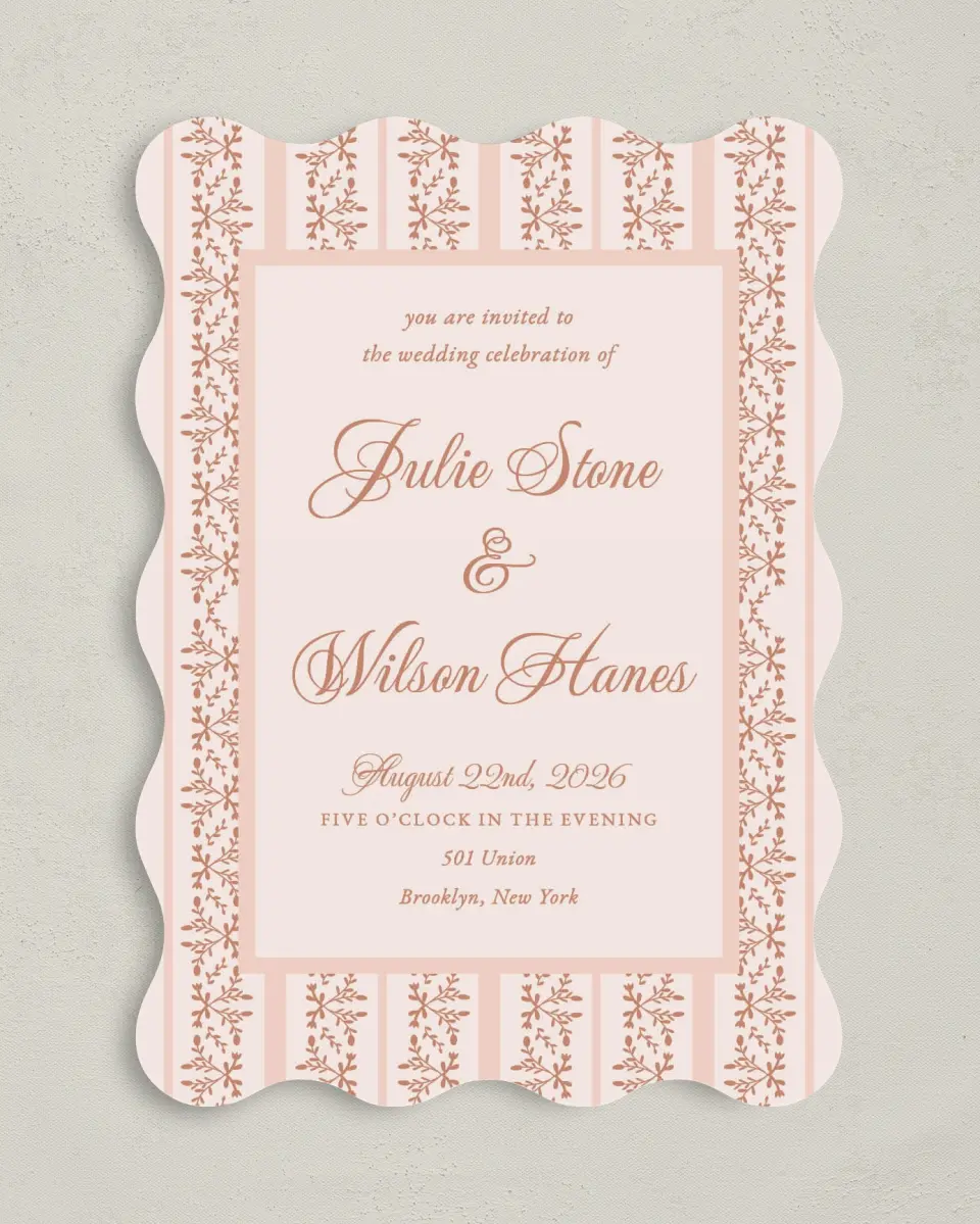 This is a 5" x 7" Wavy Wedding Invitation called Patterned Love printed in full color on Premium Smooth paper