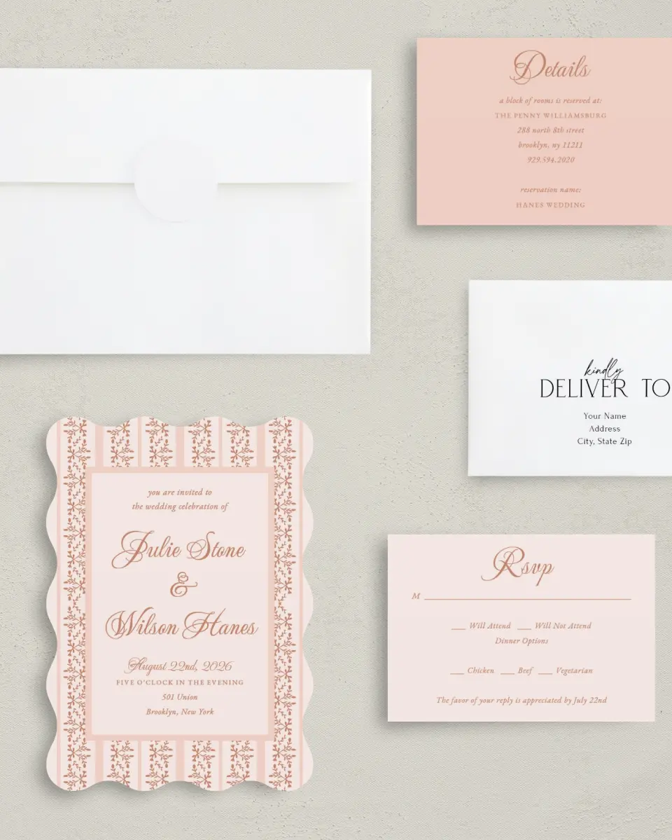 This is a 5" x 7" Wavy Wedding Invitation called Patterned Love printed in full color with Silver foil on Luxe Satin (coated) paper