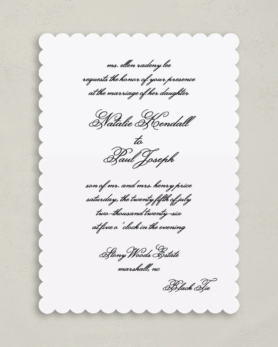 This is a 5" x 7" Classic Wedding Invitation called Formal Script printed in full color on Premium Smooth paper
