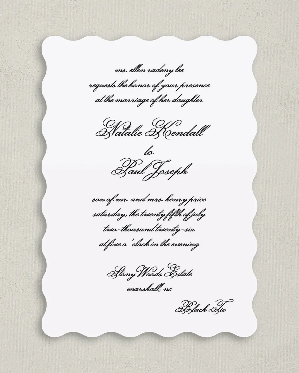 This is a 5" x 7" Wavy Wedding Invitation called Formal Script printed in full color on Premium Smooth paper