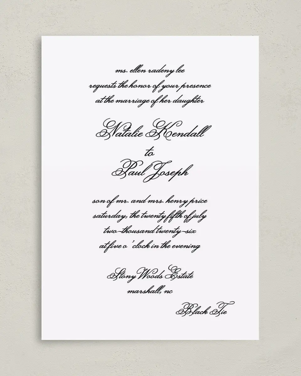 This is a 5" x 7" Classic Wedding Invitation called Formal Script printed in full color on Premium Smooth paper
