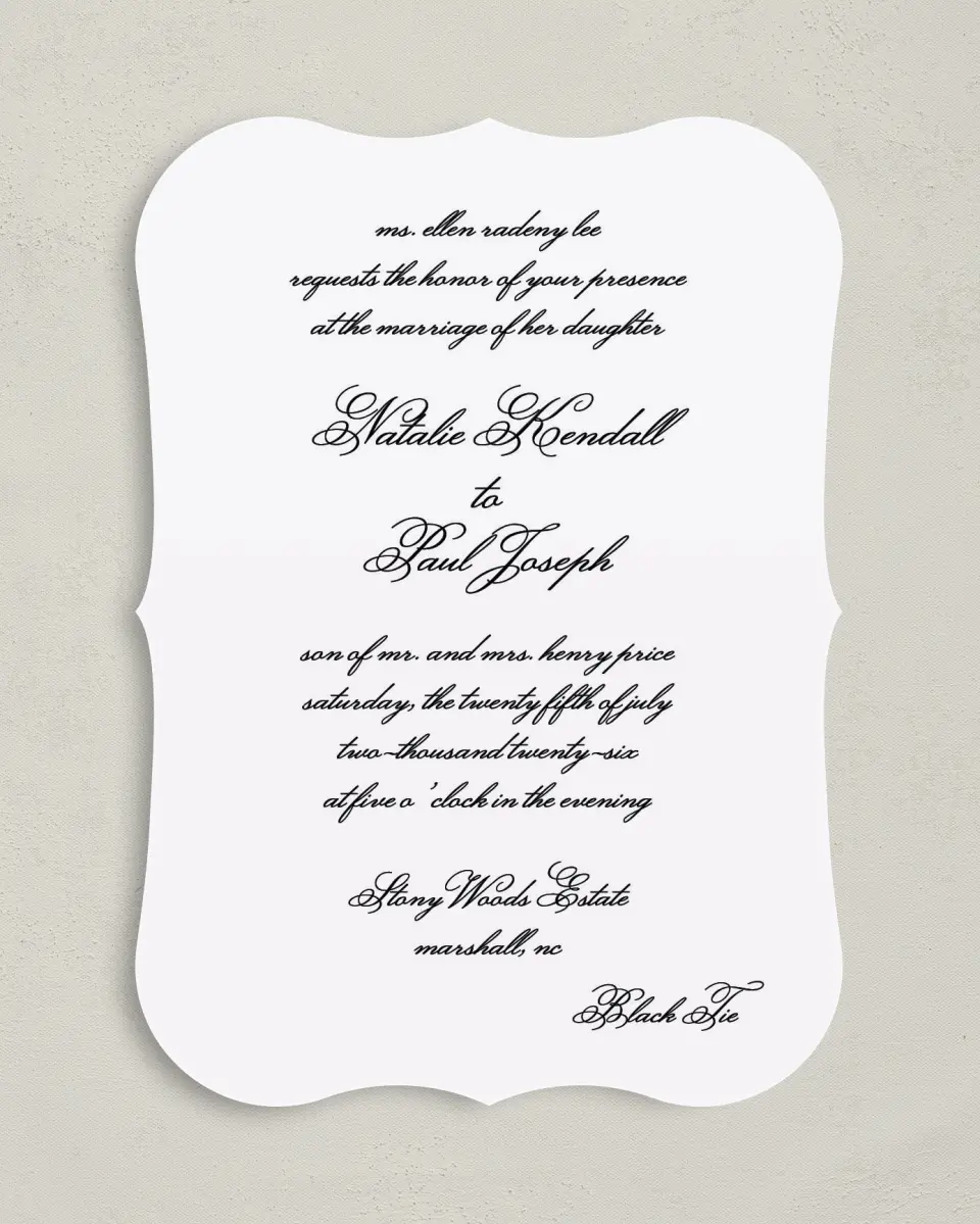 This is a 5" x 7" Bracket Wedding Invitation called Formal Script printed in full color on Premium Smooth paper