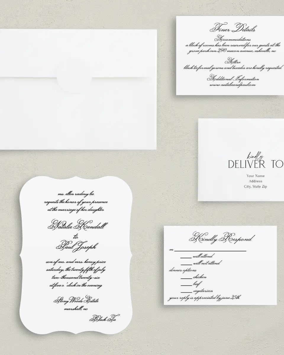 This is a 5" x 7" Bracket Wedding Invitation called Formal Script printed in full color with Silver foil on Luxe Satin (coated) paper
