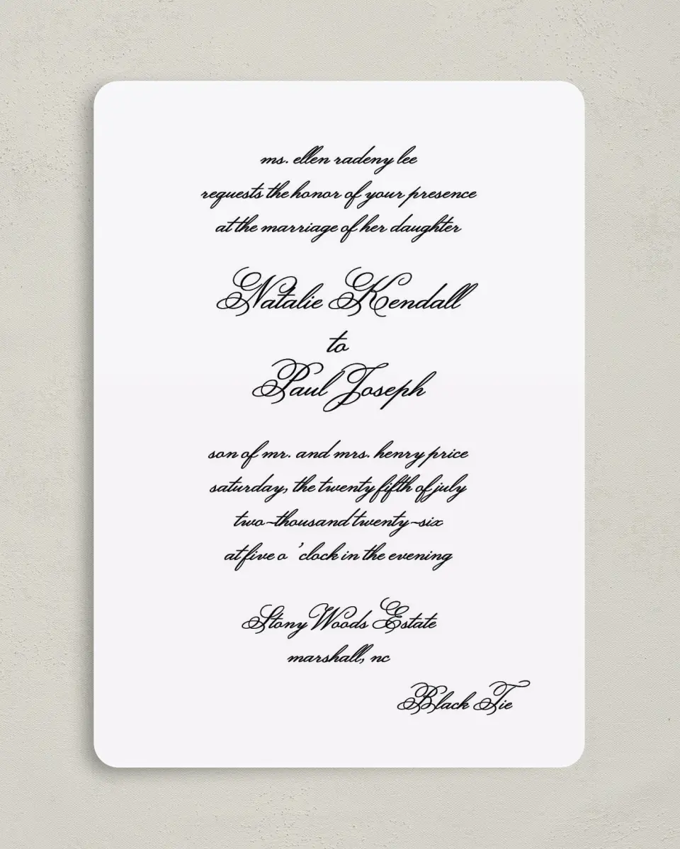 This is a 5" x 7" Rounded Wedding Invitation called Formal Script printed in full color on Premium Smooth paper