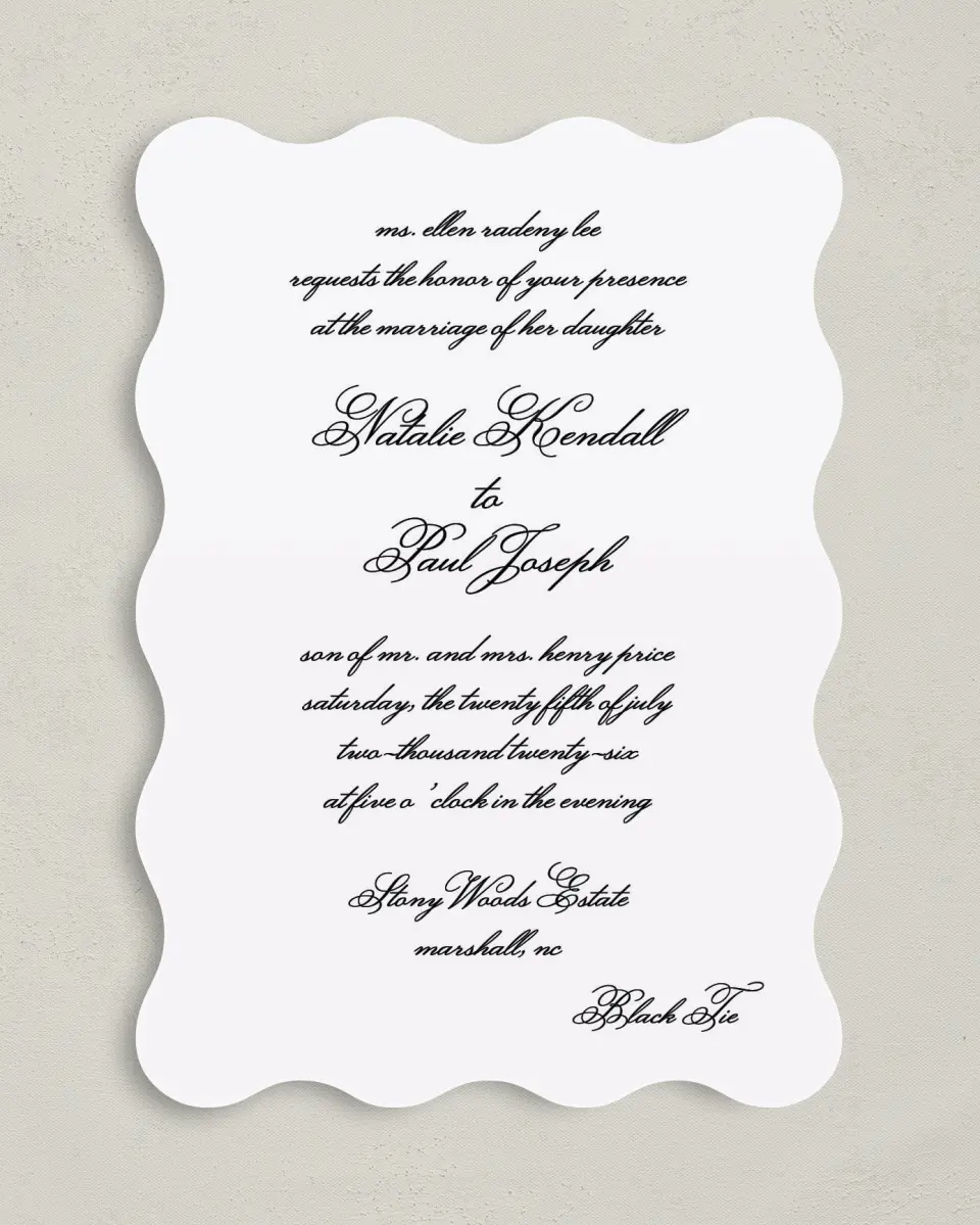 This is a 5" x 7" Wavy Wedding Invitation called Formal Script printed in full color on Premium Smooth paper