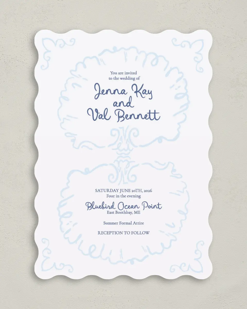 This is a 5" x 7" Wavy Wedding Invitation called Love by the Sea printed in full color on Premium Smooth paper