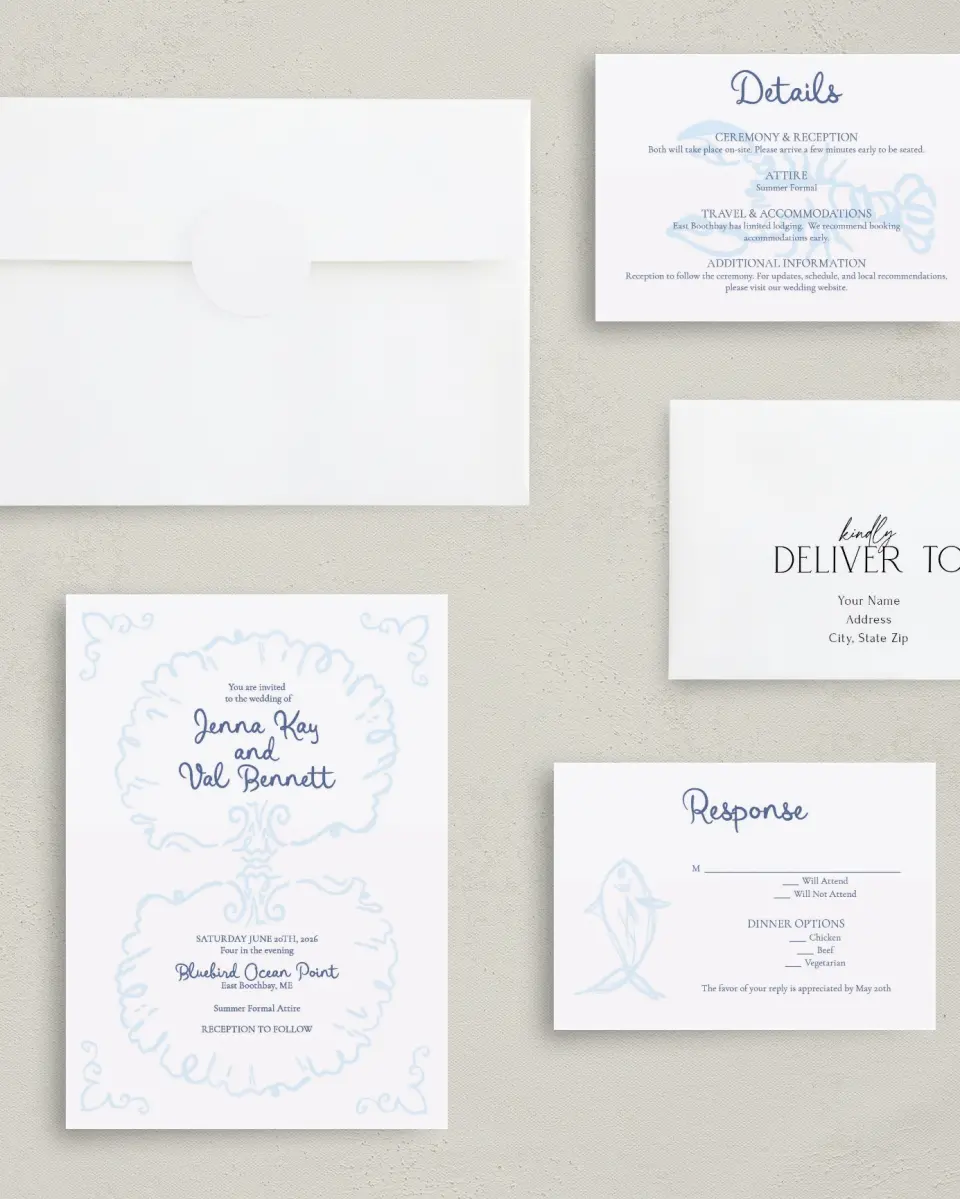 This is a 5" x 7" Classic Wedding Invitation called Love by the Sea printed in full color with Silver foil on Luxe Satin (coated) paper