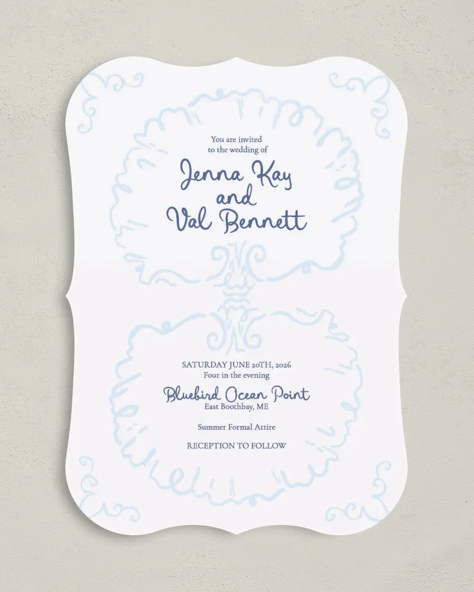 This is a 5" x 7" Bracket Wedding Invitation called Love by the Sea printed in full color on Premium Smooth paper