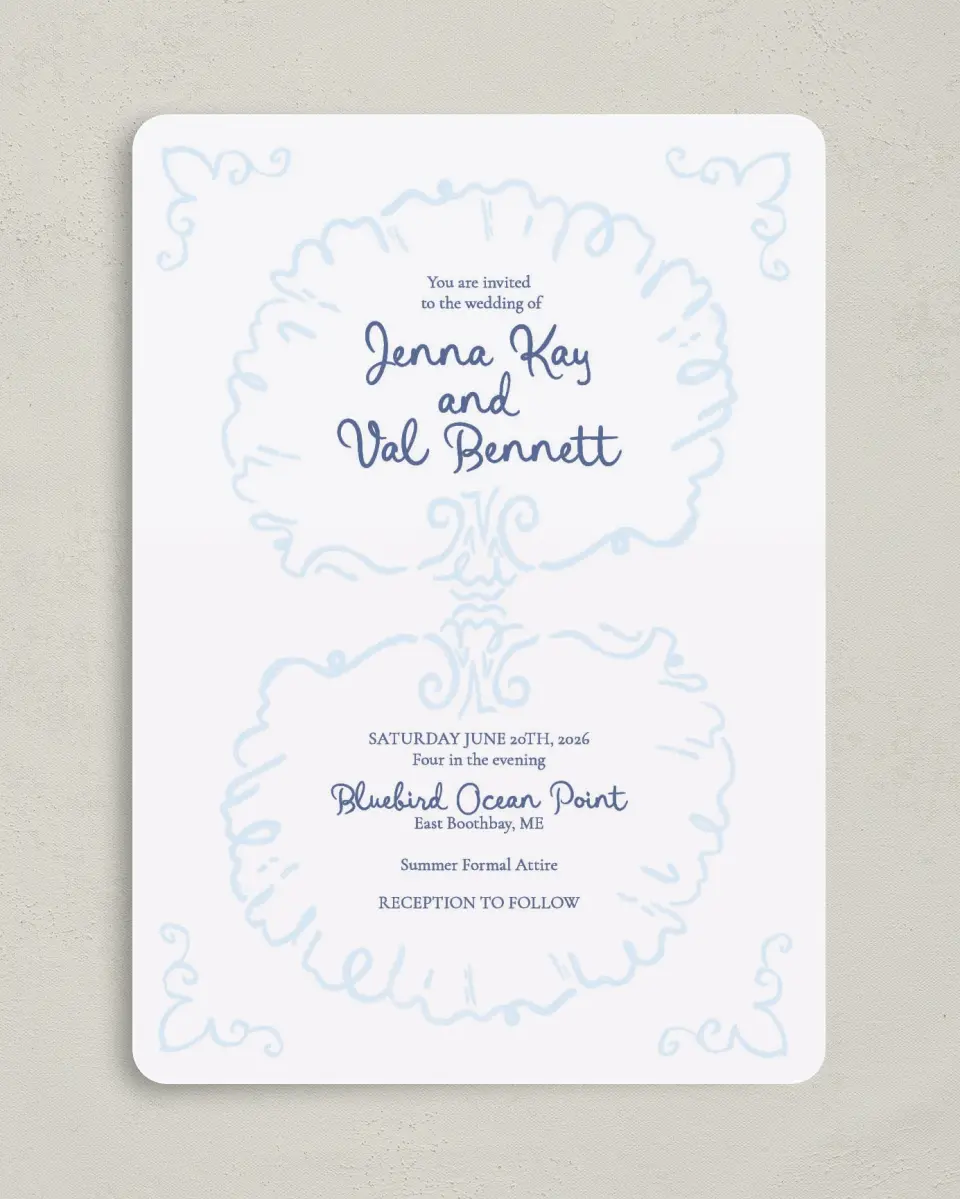 This is a 5" x 7" Rounded Wedding Invitation called Love by the Sea printed in full color on Premium Smooth paper