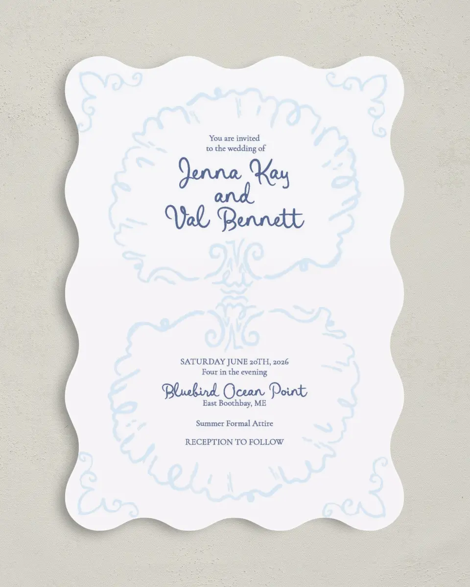 This is a 5" x 7" Wavy Wedding Invitation called Love by the Sea printed in full color on Premium Smooth paper