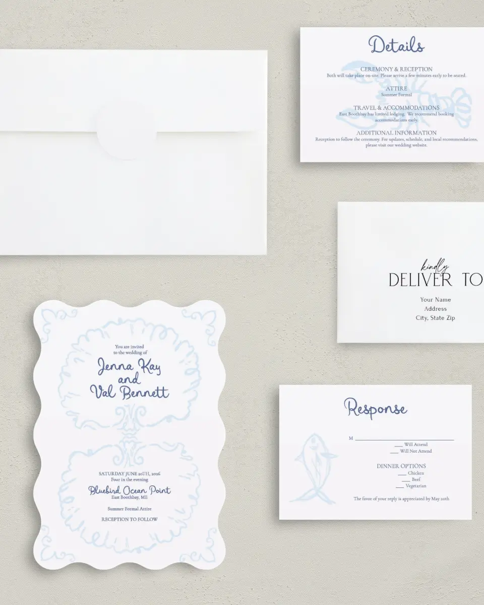 This is a 5" x 7" Wavy Wedding Invitation called Love by the Sea printed in full color with Silver foil on Luxe Satin (coated) paper