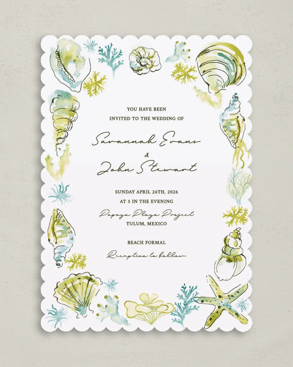 This is a 5" x 7" Classic Wedding Invitation called Whimsical Shells printed in full color on Premium Smooth paper