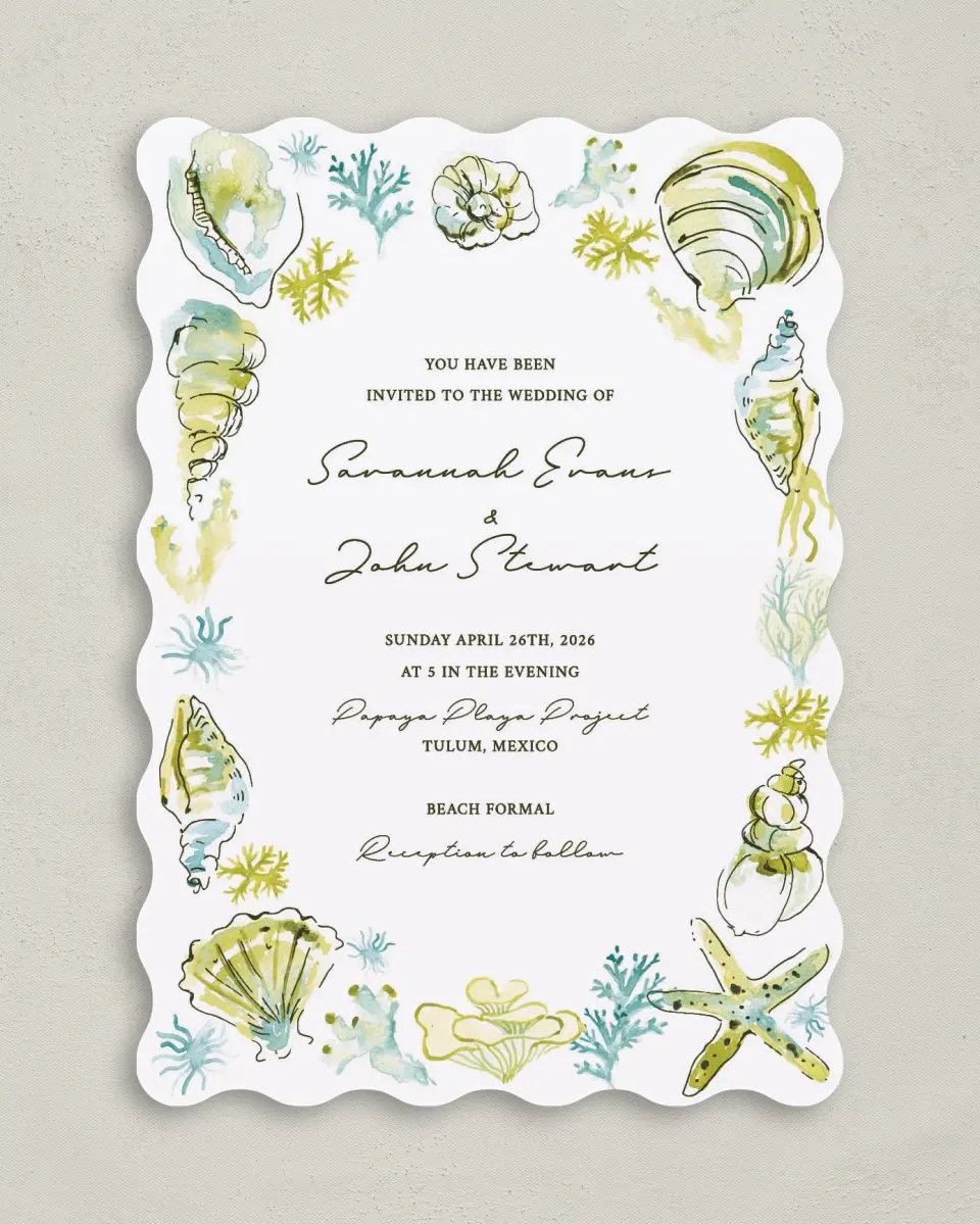 This is a 5" x 7" Wavy Wedding Invitation called Whimsical Shells printed in full color on Premium Smooth paper