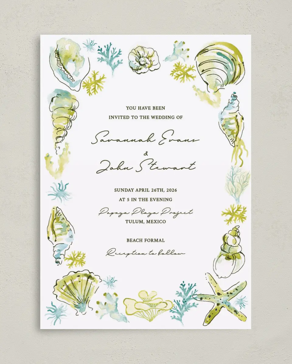 This is a 5" x 7" Classic Wedding Invitation called Whimsical Shells printed in full color on Premium Smooth paper