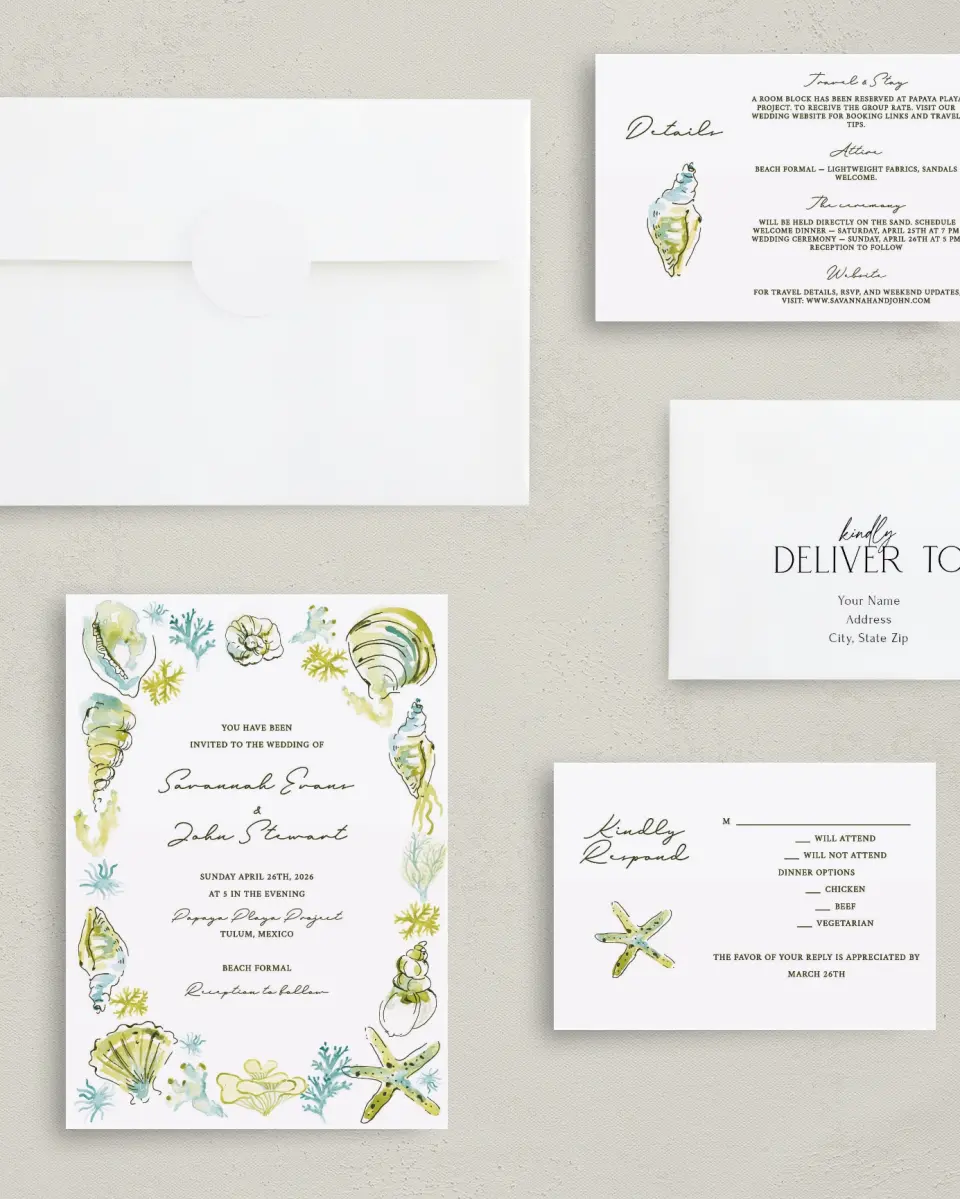 This is a 5" x 7" Classic Wedding Invitation called Whimsical Shells printed in full color with Gold foil on Luxe Satin (coated) paper