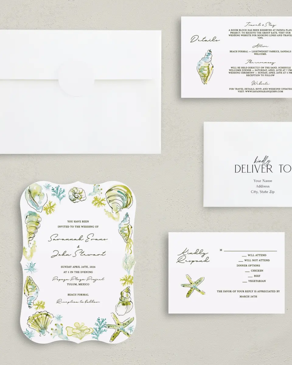 This is a 5" x 7" Bracket Wedding Invitation called Whimsical Shells printed in full color with Silver foil on Luxe Satin (coated) paper