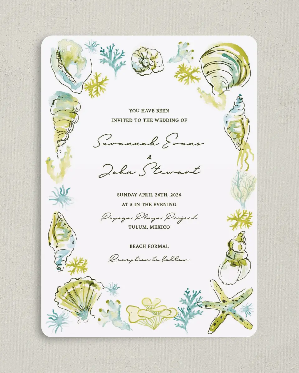 This is a 5" x 7" Rounded Wedding Invitation called Whimsical Shells printed in full color on Premium Smooth paper