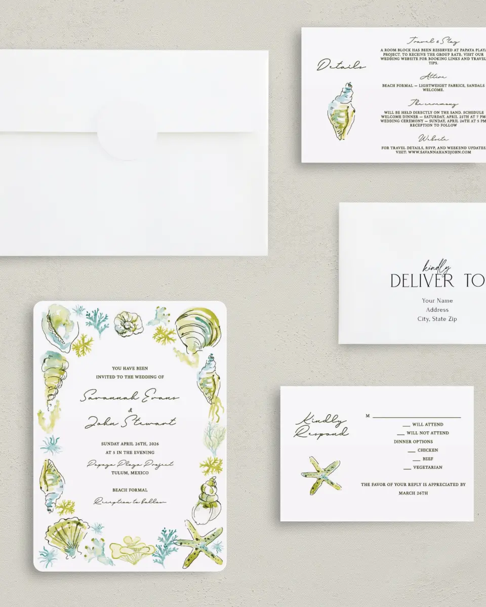 This is a 5" x 7" Rounded Wedding Invitation called Whimsical Shells printed in full color with Gold foil on Luxe Satin (coated) paper