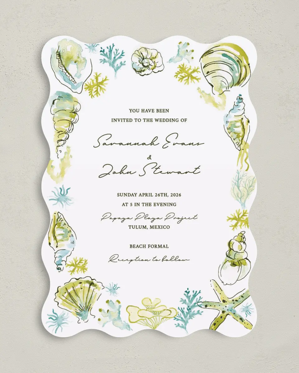 This is a 5" x 7" Wavy Wedding Invitation called Whimsical Shells printed in full color on Premium Smooth paper