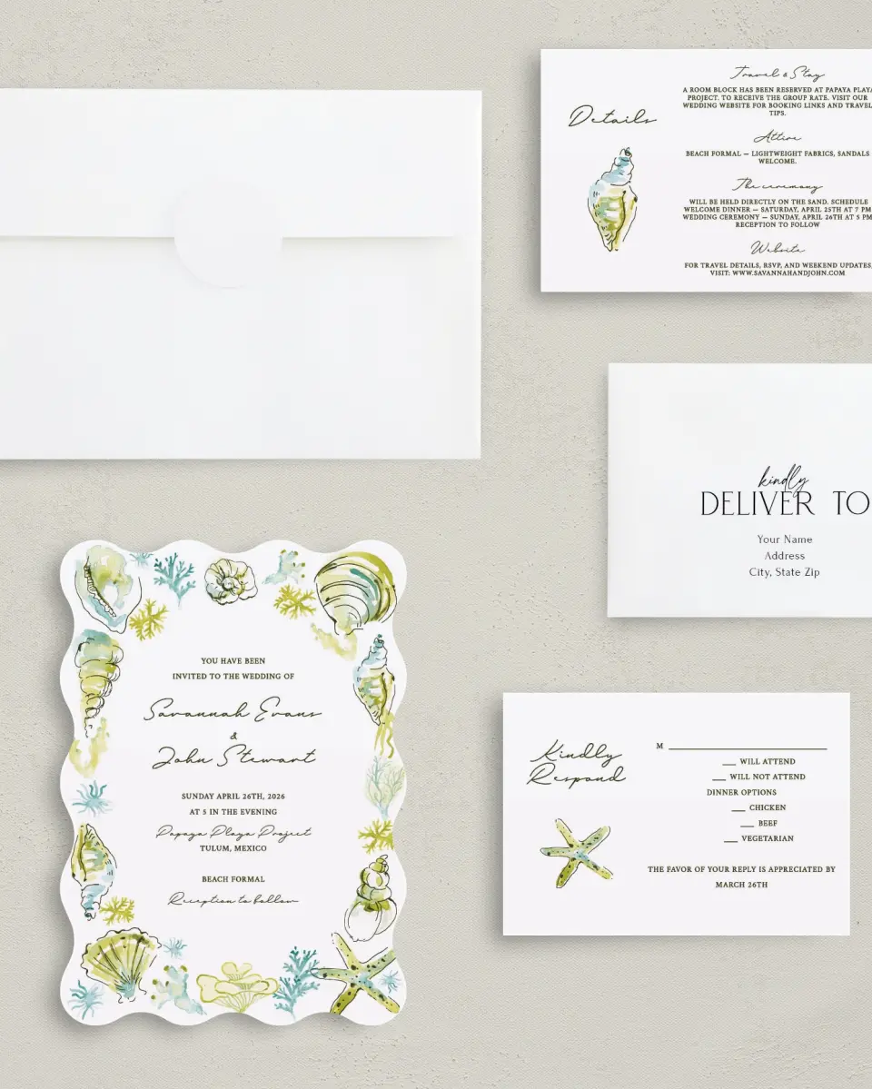 This is a 5" x 7" Wavy Wedding Invitation called Whimsical Shells printed in full color with Silver foil on Luxe Satin (coated) paper