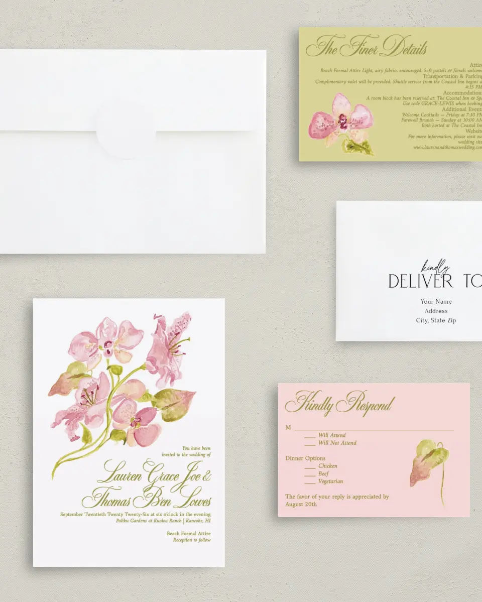 This is a 5" x 7" Classic Wedding Invitation called Paradise in Bloom printed in full color with Silver foil on Luxe Satin (coated) paper