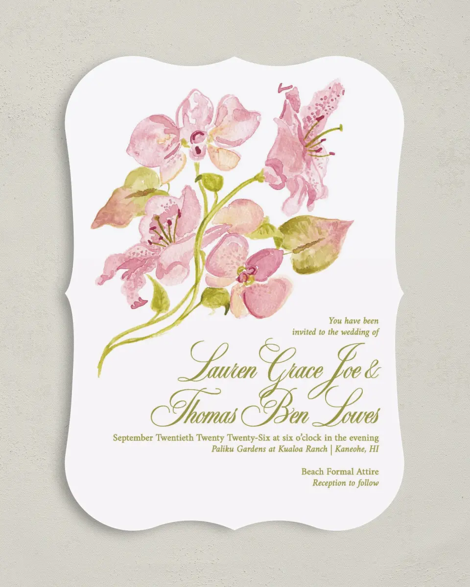 This is a 5" x 7" Bracket Wedding Invitation called Paradise in Bloom printed in full color with Silver foil on Luxe Satin (coated) paper