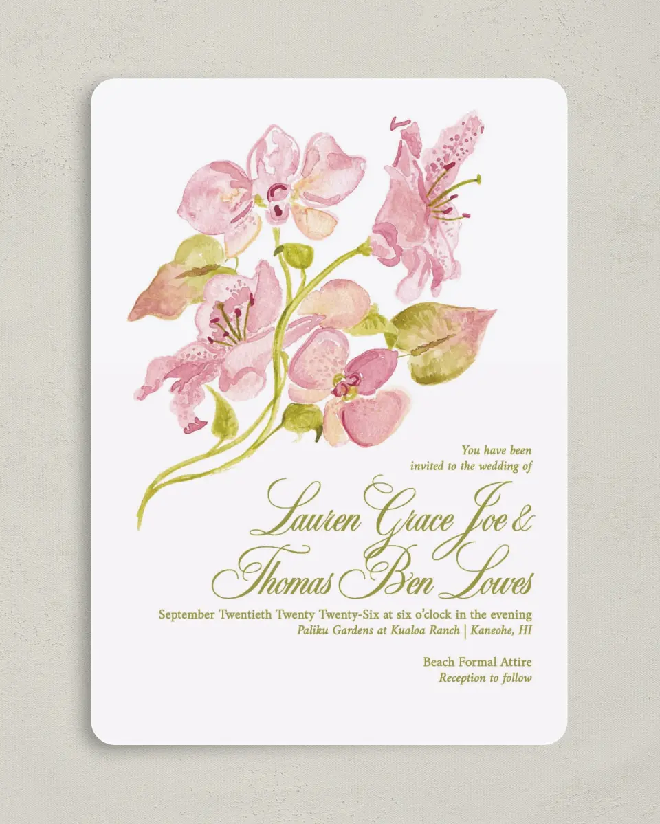 This is a 5" x 7" Rounded Wedding Invitation called Paradise in Bloom printed in full color on Premium Smooth paper