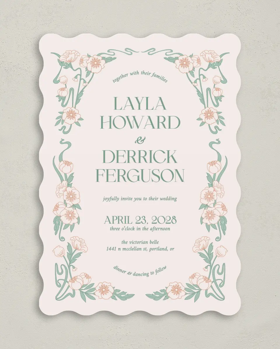 This is a 5" x 7" Wavy Wedding Invitation called Vintage Dream printed in full color with Gold foil on Premium Smooth paper