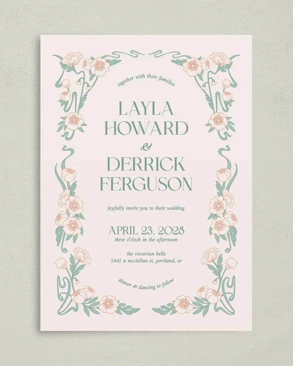 This is a 5" x 7" Classic Wedding Invitation called Vintage Dream printed in full color with Gold foil on Premium Smooth paper