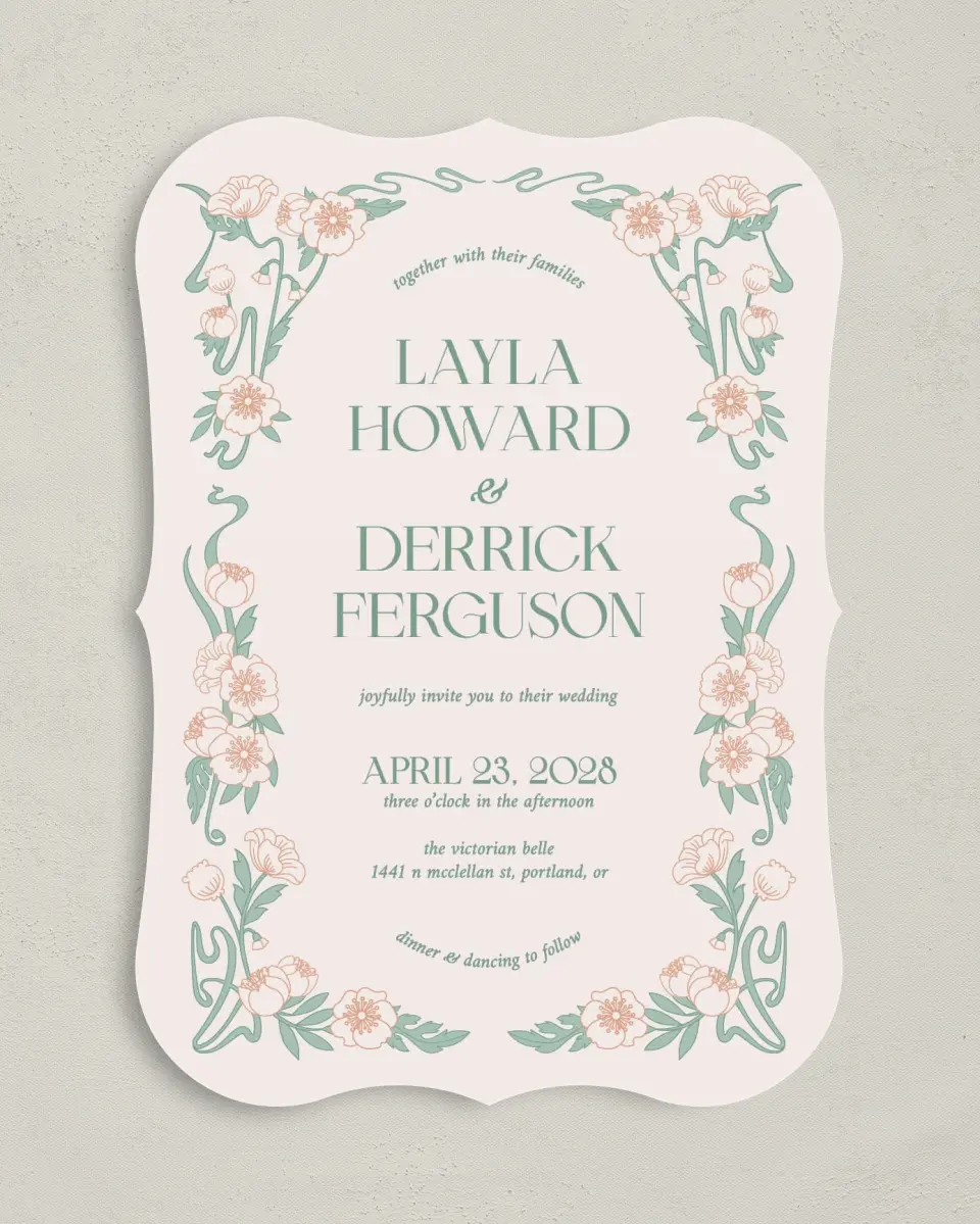 This is a 5" x 7" Bracket Wedding Invitation called Vintage Dream printed in full color with Gold foil on Premium Smooth paper