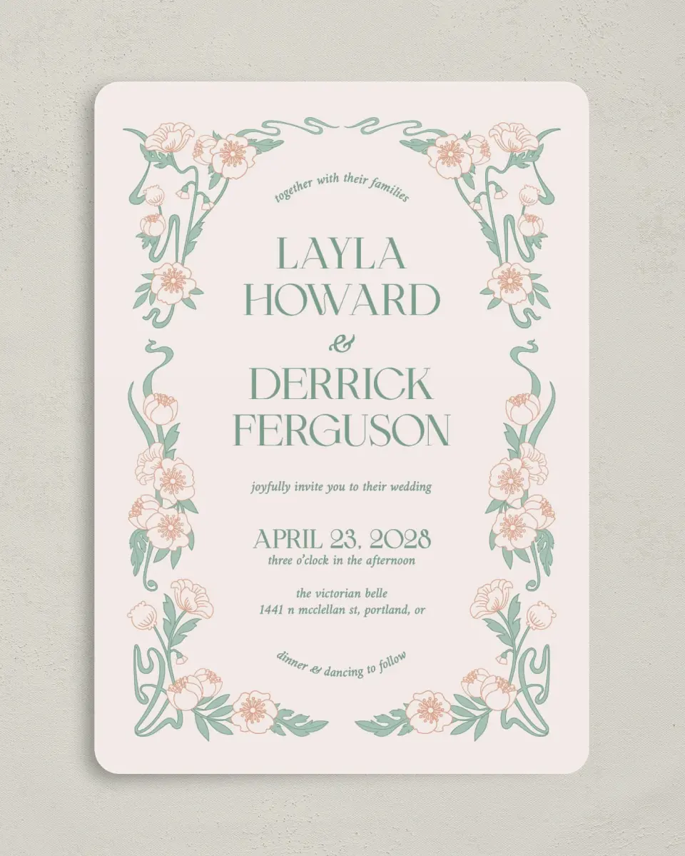 This is a 5" x 7" Rounded Wedding Invitation called Vintage Dream printed in full color with Gold foil on Premium Smooth paper