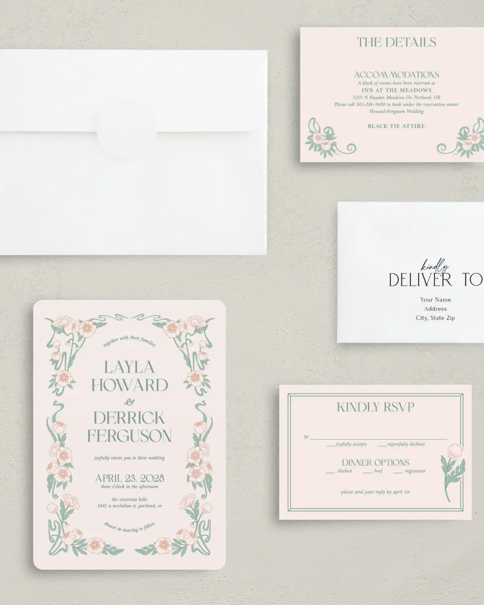 This is a 5" x 7" Rounded Wedding Invitation called Vintage Dream printed in full color with Gold foil on Premium Smooth paper