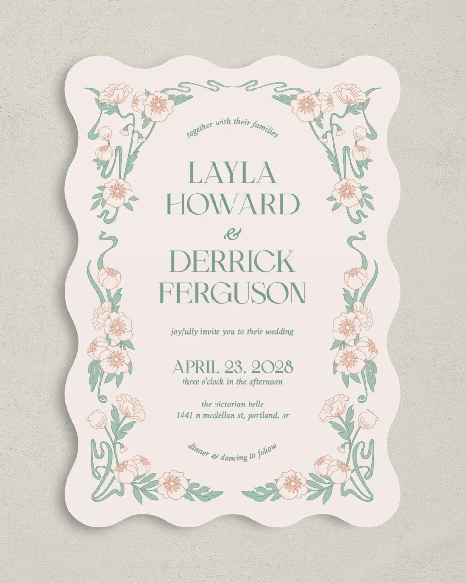 This is a 5" x 7" Wavy Wedding Invitation called Vintage Dream printed in full color with Gold foil on Premium Smooth paper