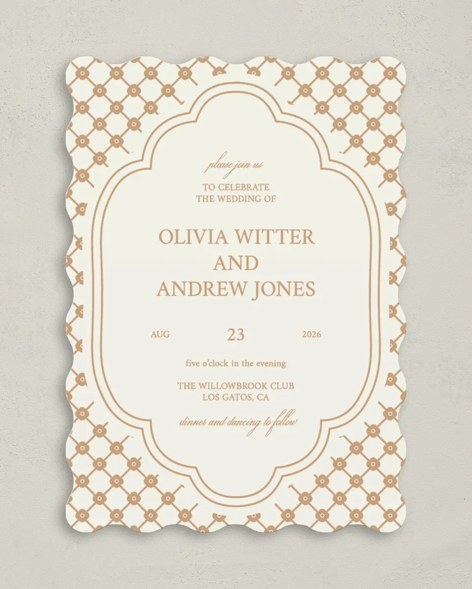 This is a 5" x 7" Wavy Wedding Invitation called Beaded Veil printed in full color with Gold foil on Premium Smooth paper