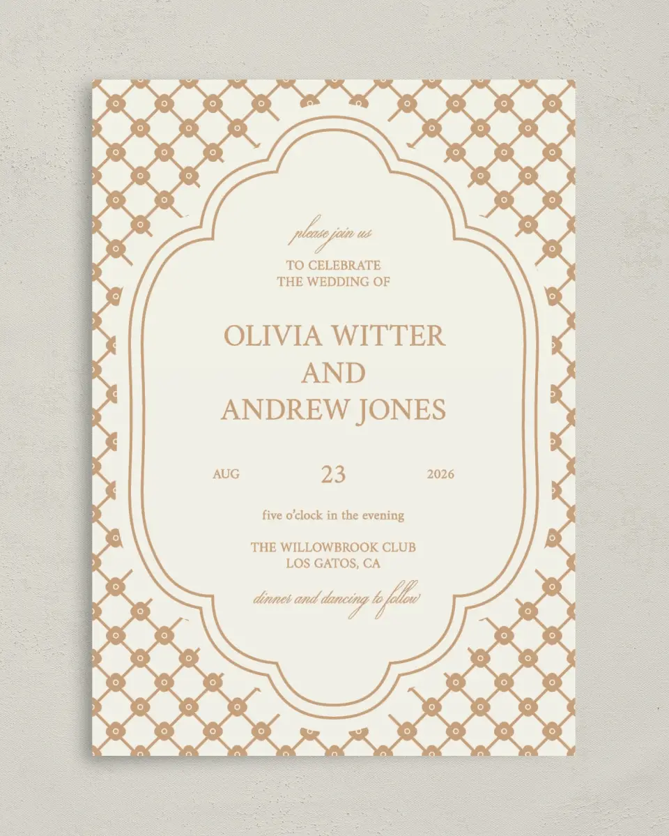 This is a 5" x 7" Classic Wedding Invitation called Beaded Veil printed in full color with Gold foil on Premium Smooth paper