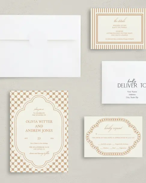 This is a 5" x 7" Classic Wedding Invitation called Beaded Veil printed in full color with Gold foil on Premium Smooth paper