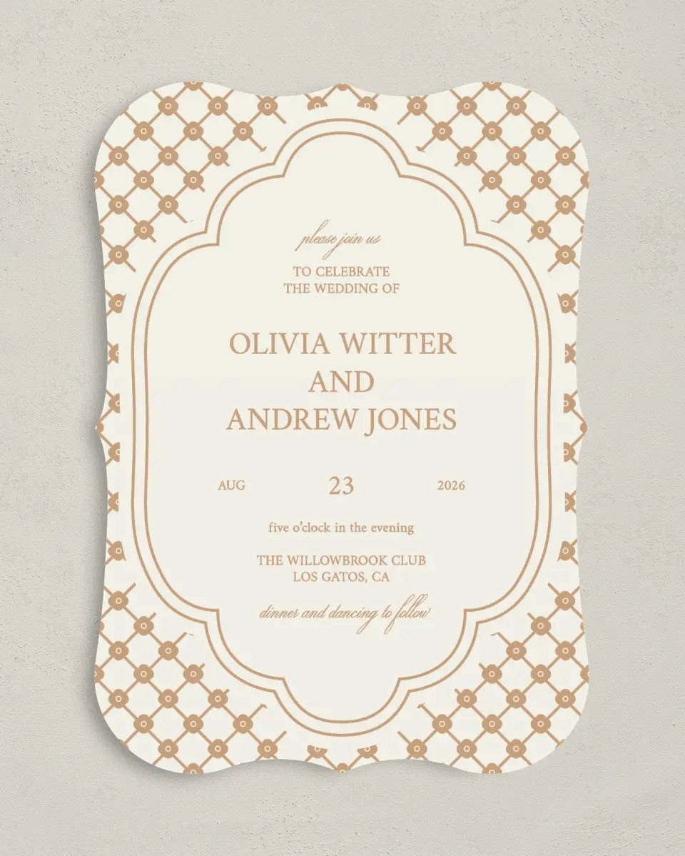 This is a 5" x 7" Bracket Wedding Invitation called Beaded Veil printed in full color with Gold foil on Premium Smooth paper