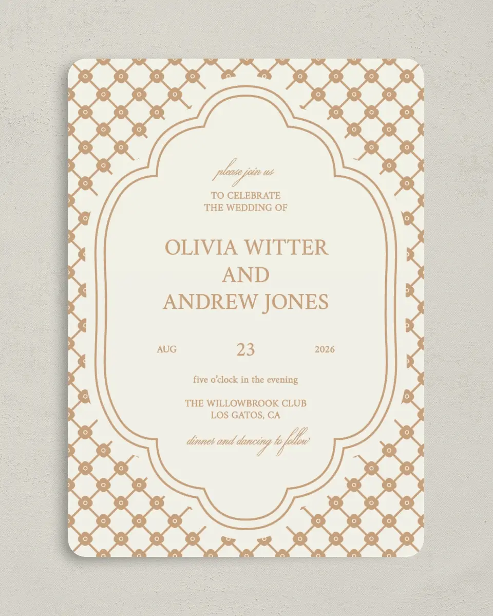 This is a 5" x 7" Rounded Wedding Invitation called Beaded Veil printed in full color with Gold foil on Premium Smooth paper