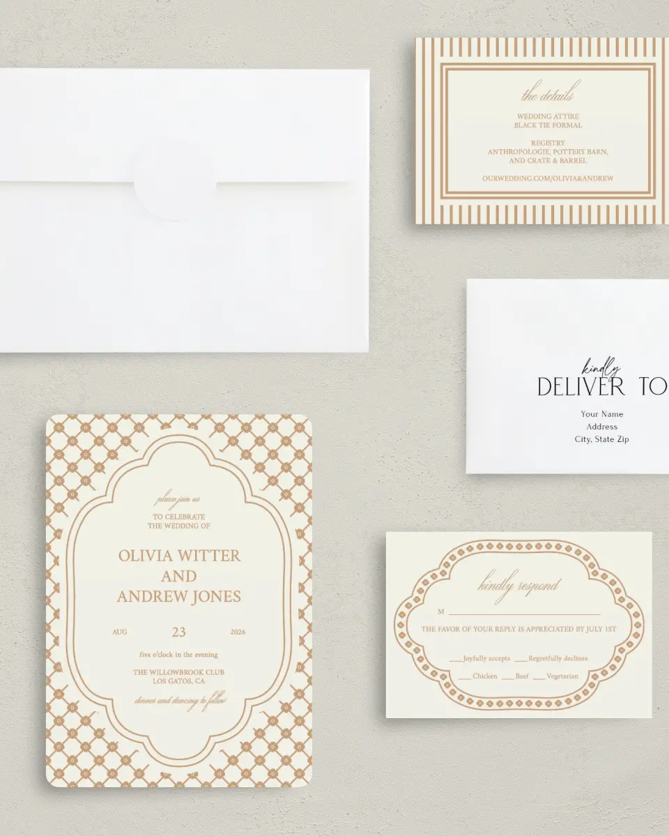 This is a 5" x 7" Rounded Wedding Invitation called Beaded Veil printed in full color with Gold foil on Premium Smooth paper