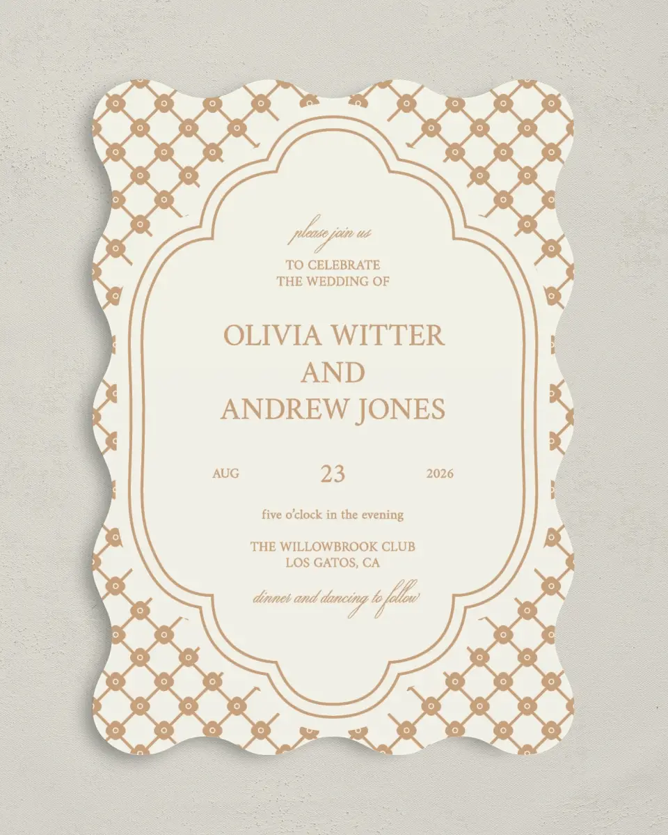 This is a 5" x 7" Wavy Wedding Invitation called Beaded Veil printed in full color with Gold foil on Premium Smooth paper