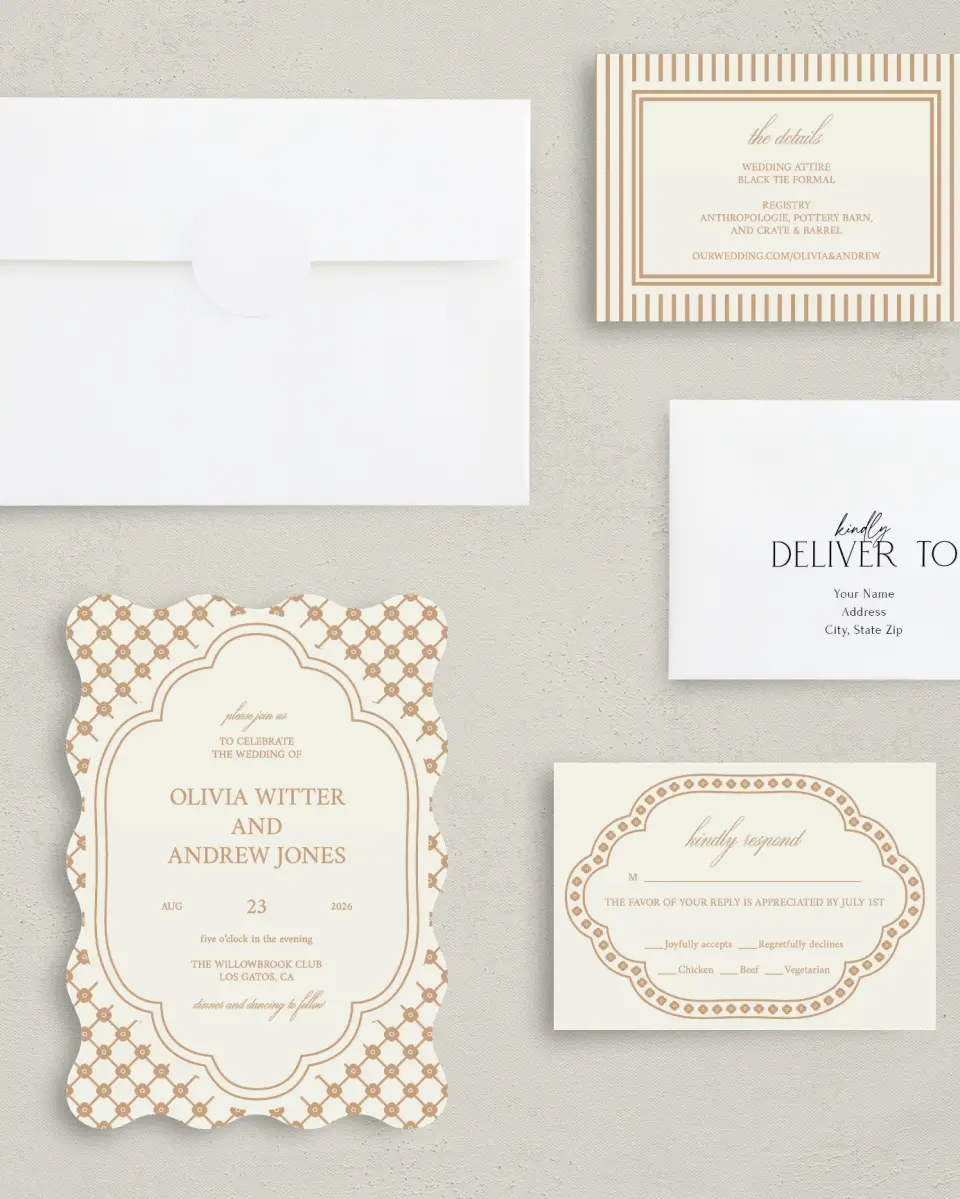 This is a 5" x 7" Wavy Wedding Invitation called Beaded Veil printed in full color with Gold foil on Premium Smooth paper