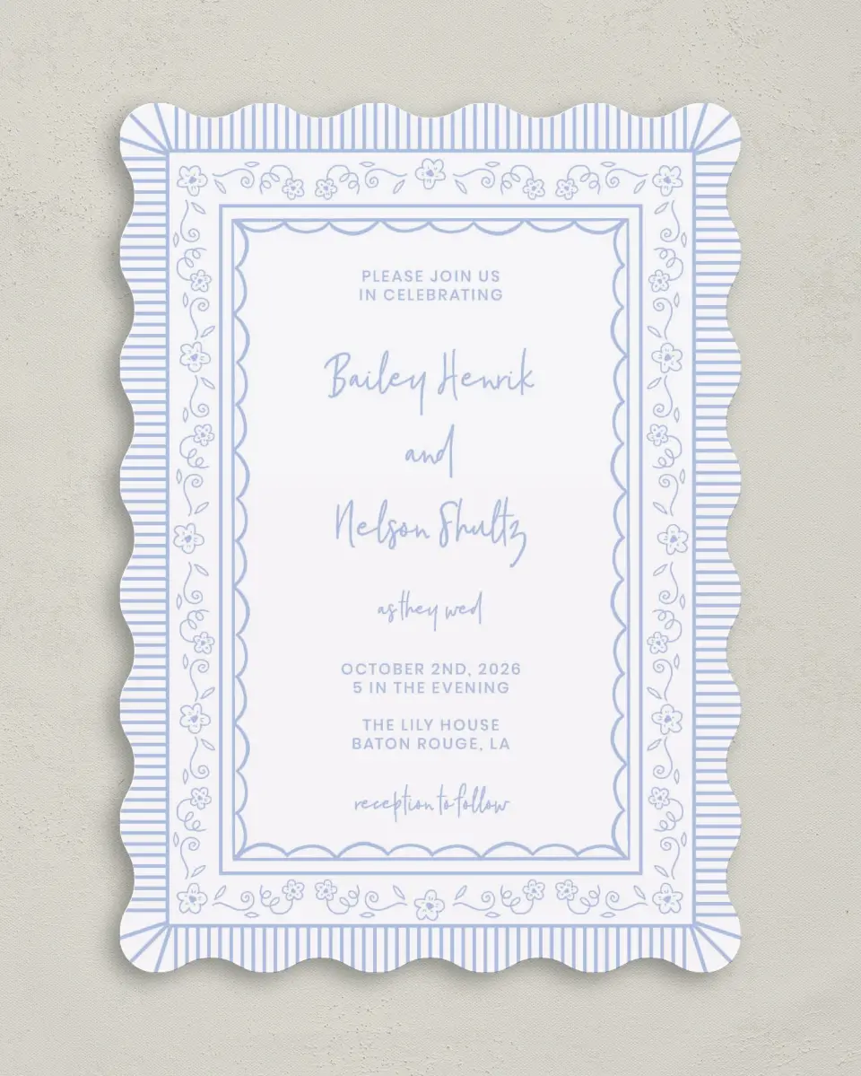 This is a 5" x 7" Wavy Wedding Invitation called Framed in Flowers printed in full color with Gold foil on Premium Smooth paper