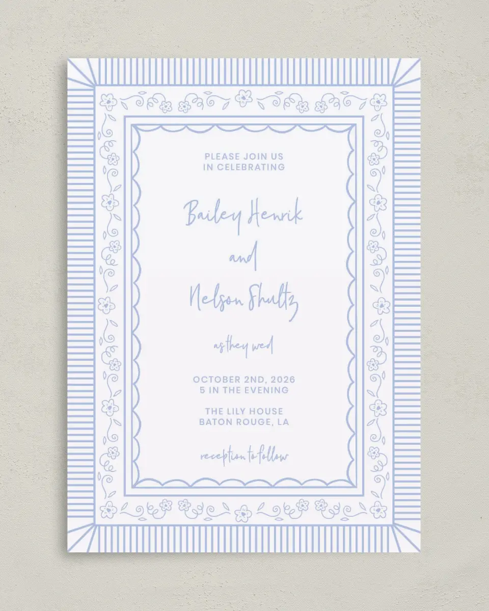This is a 5" x 7" Classic Wedding Invitation called Framed in Flowers printed in full color with Gold foil on Premium Smooth paper
