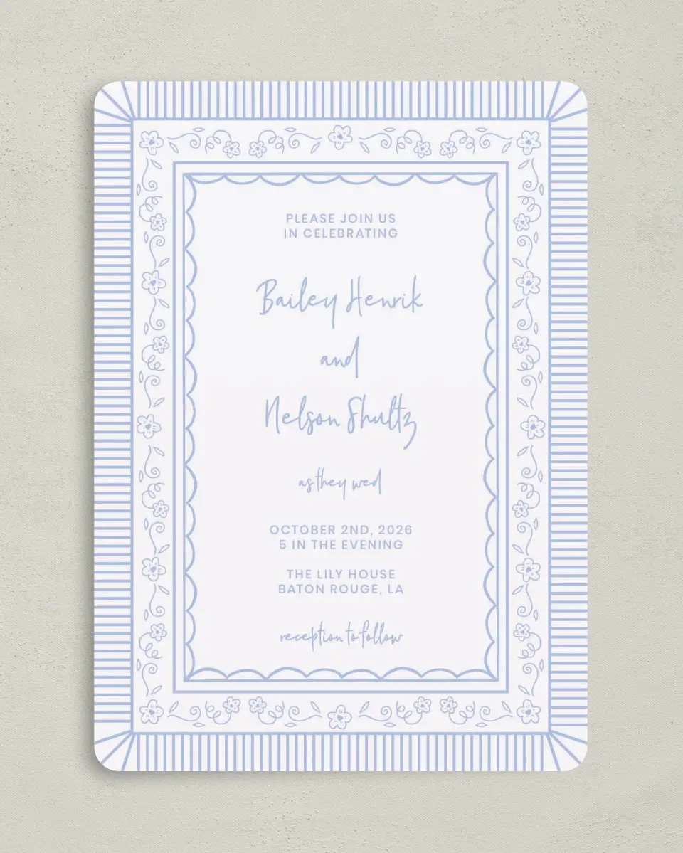 This is a 5" x 7" Rounded Wedding Invitation called Framed in Flowers printed in full color with Gold foil on Premium Smooth paper
