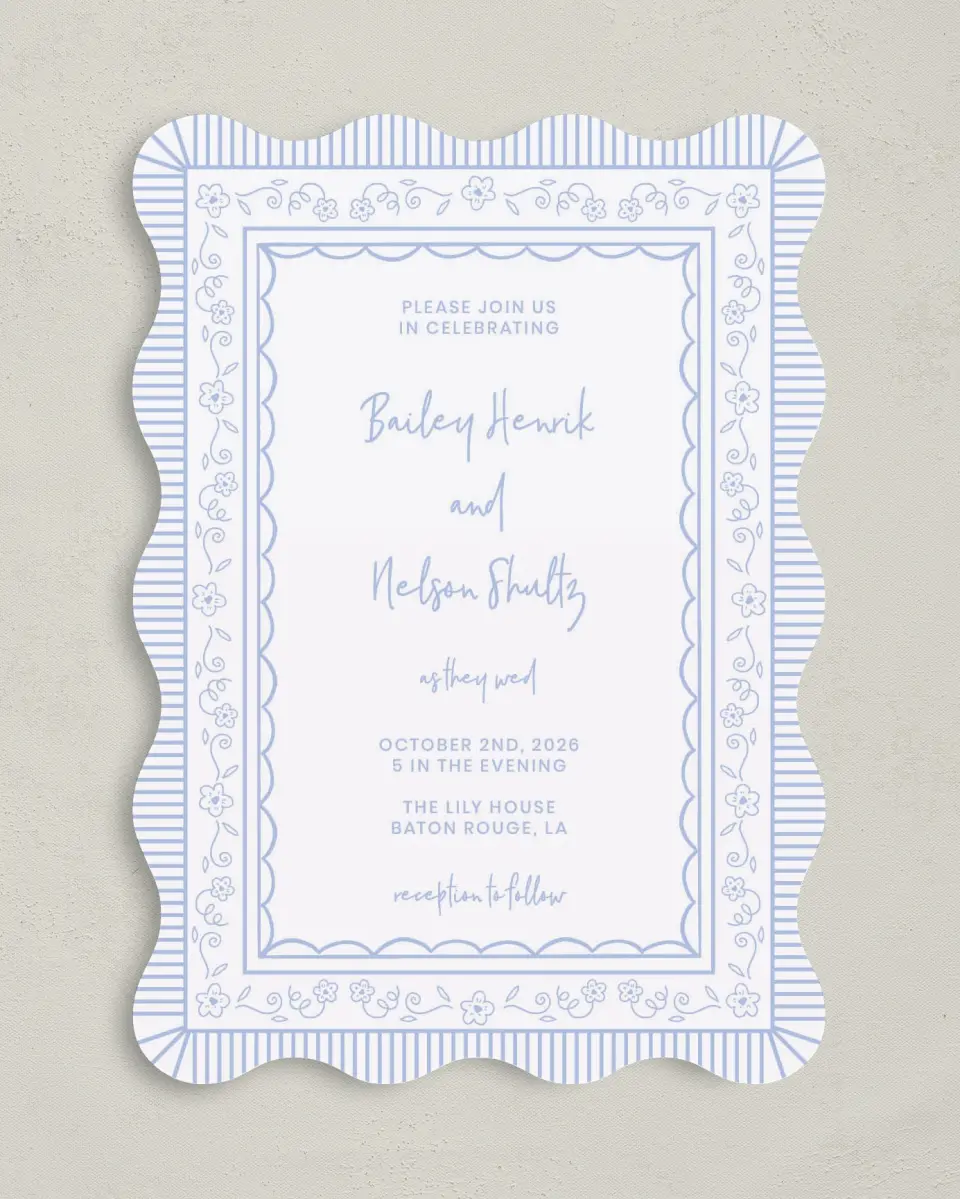 This is a 5" x 7" Wavy Wedding Invitation called Framed in Flowers printed in full color with Gold foil on Premium Smooth paper