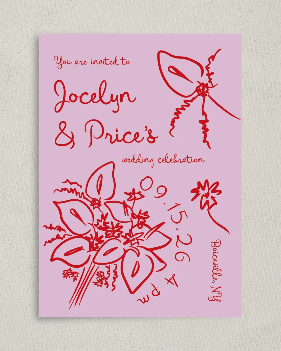 This is a 5" x 7" Classic Wedding Invitation called Flourishing Love printed in full color with Gold foil on Premium Smooth paper