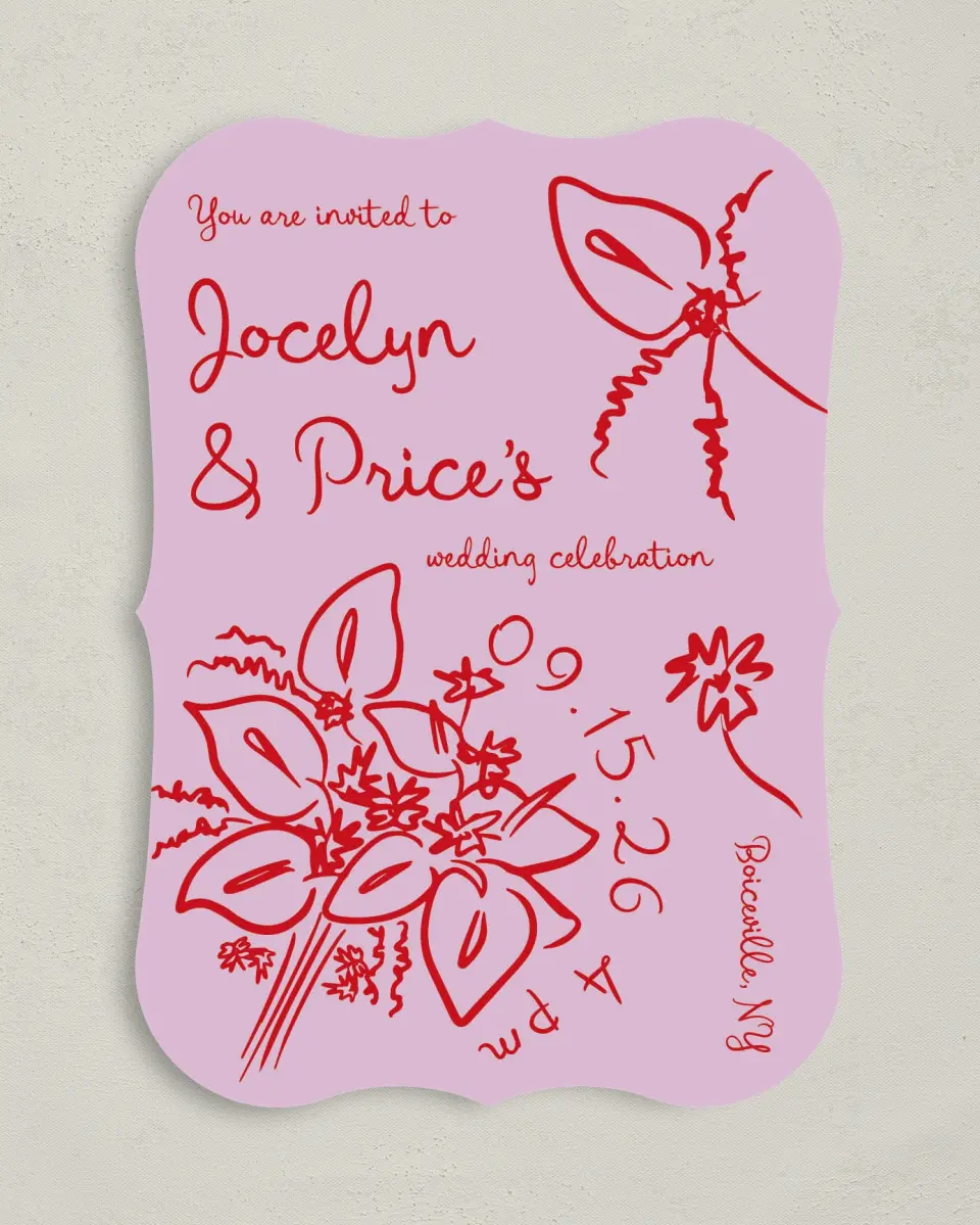 This is a 5" x 7" Bracket Wedding Invitation called Flourishing Love printed in full color with Silver foil on Luxe Satin (coated) paper