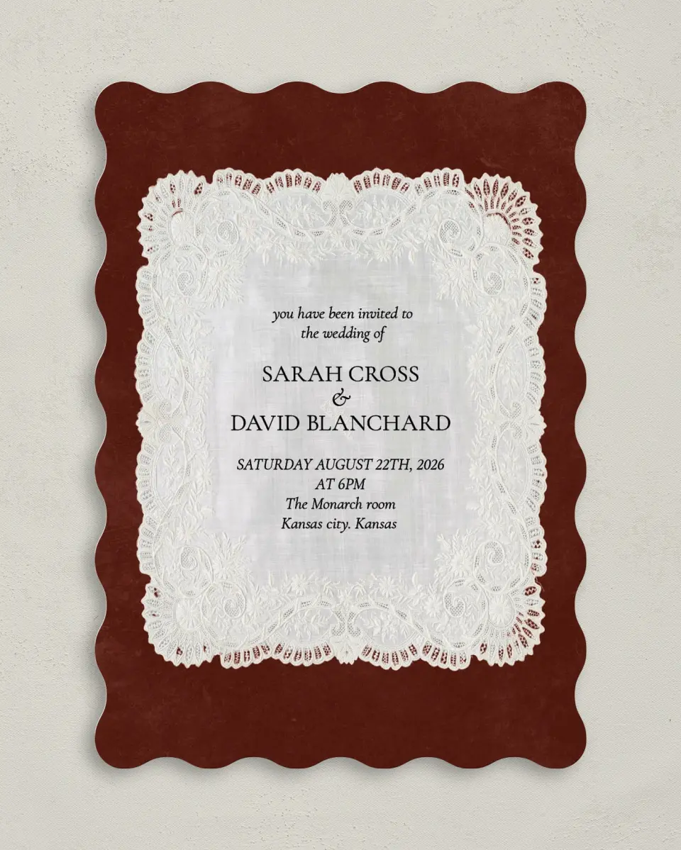This is a 5" x 7" Wavy Wedding Invitation called Trimmed Lace printed in full color with Gold foil on Premium Smooth paper